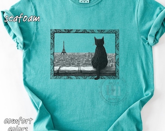 Personalized Paris Cat Shirt: Skyline, Eiffel Tower, Chat Noir, Short or Long Sleeve Comfort Colors Tee
