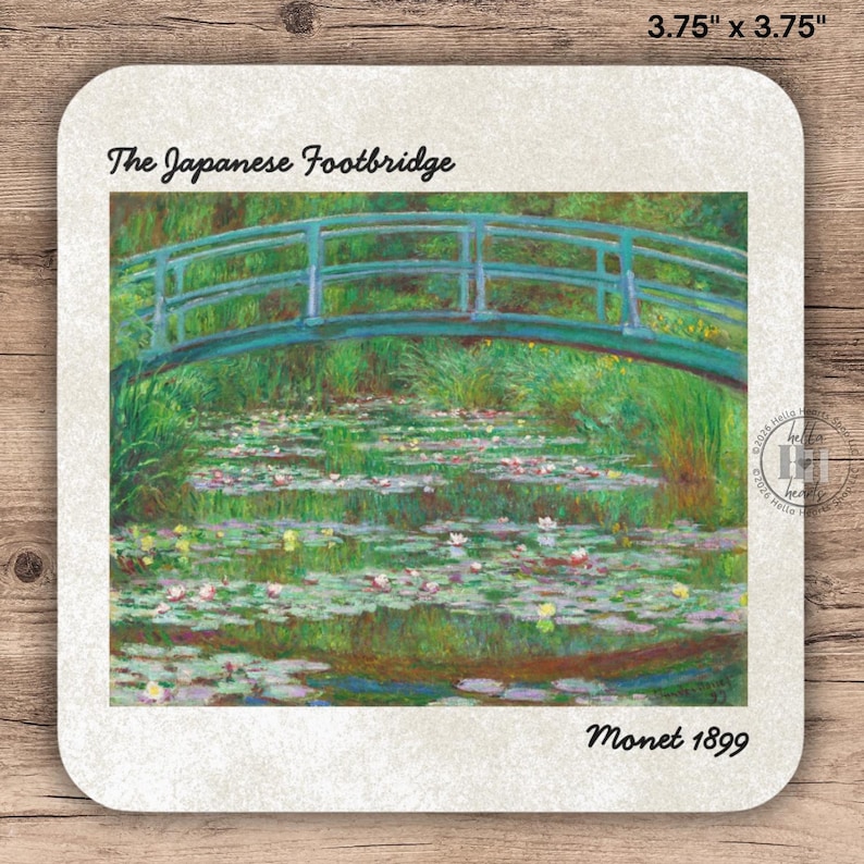 May include: Square coaster featuring a print of Monet's "The Japanese Footbridge" painting. The artwork depicts a green arched bridge over a pond with lily pads. The coaster measures 3.75 x 3.75 inches.