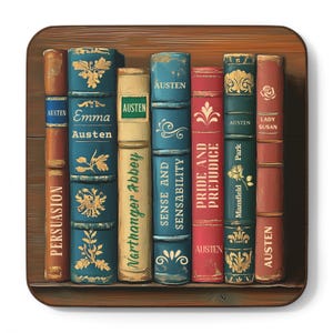 Jane Austen Coaster, Pride Prejudice Emma Persuasion, Classic Literature, Booknerd Bookworm Bookish Gift, High Gloss Finish Hardboard Back