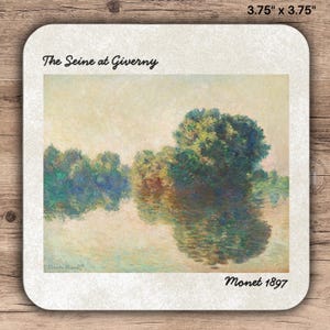 May include: Square coaster with rounded corners, featuring a Monet painting of the Seine at Giverny, with the text "The Seine at Giverny" and "Monet 1897". The coaster measures 3.75 x 3.75 inches.