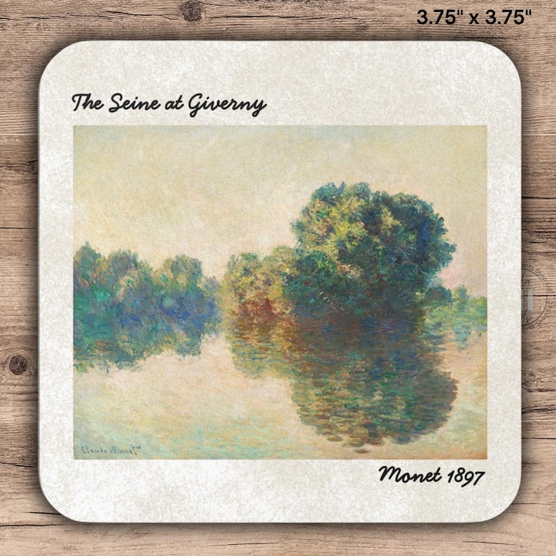 May include: Square coaster with rounded corners, featuring a Monet painting of the Seine at Giverny, with the text "The Seine at Giverny" and "Monet 1897". The coaster measures 3.75 x 3.75 inches.