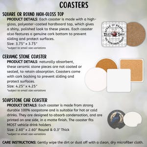 May include: An assortment of coasters with different shapes and materials. The image includes square and round coasters with high-gloss tops, ceramic stone coasters, and soapstone car coasters. The text on the image reads "COASTERS".