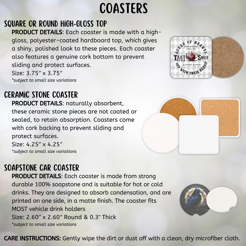 May include: An assortment of coasters with different shapes and materials. The image includes square and round coasters with high-gloss tops, ceramic stone coasters, and soapstone car coasters. The text on the image reads "COASTERS".