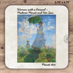 May include: Square coaster featuring a print of Claude Monet's "Woman with a Parasol - Madame Monet and Her Son." The artwork depicts a woman in a white dress holding a green parasol, with a child in the background. The coaster measures 3.75" x 3.75".