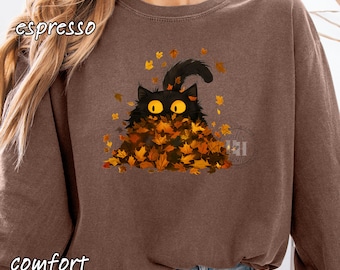 Black Cat Shirt, Playing in Fall Leaves: Long Sleeve, Comfort Colors, Unisex