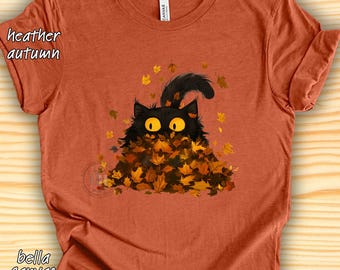 Black Cat Shirt: Playing in Fall Leaves Shirt, Back to School, Autumn Thanksgiving, Unisex