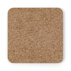 May include: Square cork coaster with rounded corners. The coaster has a light brown, textured surface, ideal for protecting tables from drink condensation. This coaster is a simple, functional item for home or office use.