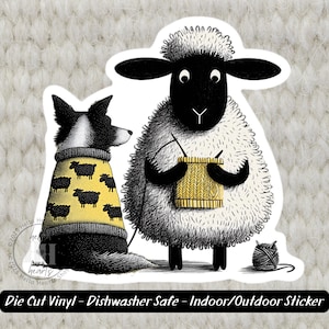 May include: A die-cut vinyl sticker featuring a black and white Border Collie wearing a yellow sweater with black sheep. A sheep knits a yellow sweater. The sticker has the text "Die Cut Vinyl - Dishwasher Safe - Indoor/Outdoor Sticker".