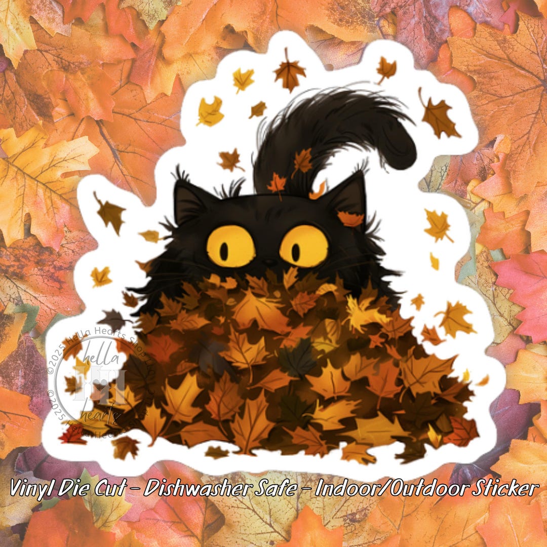 Fall Cat Stickers Black Cat Sticker: Playing in Fall Leaves, Autumn Thanksgiving ...