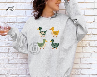 Retro Ducks Sweatshirt: Eugene Oregon, Green & Yellow Folk Art, Unisex Crew