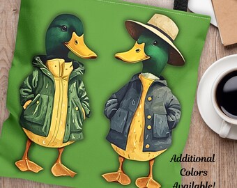 Ducks Tote Bag, Mallards in Rain Slickers, Green n Yellow Raincoats, Eugene Oregon Pacific Northwest Gift, 3 Large Sizes, Water-resistant