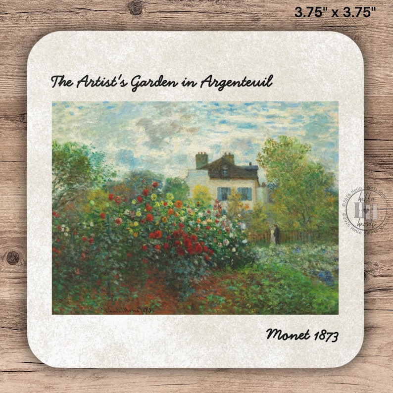 May include: Square coaster featuring a print of Monet's "The Artist's Garden in Argenteuil" from 1873. The artwork depicts a colorful garden with a house in the background. The coaster measures 3.75 x 3.75 inches.