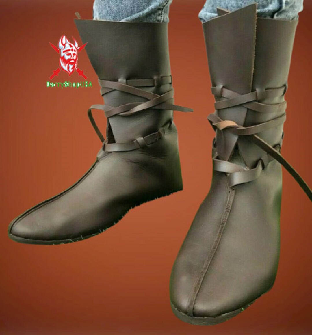 Oseberg Viking Boots, Viking Black Medieval Leather Shoes, Valentine