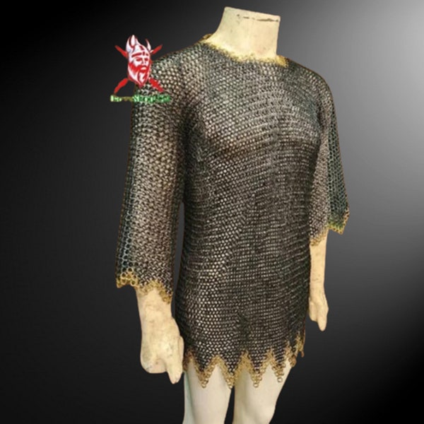 Chain mail Shirt with Zeg Zag brass-edges , Chainmail Shirt , 9 mm Flat Rivited Hauberk, Mother's Day Gift