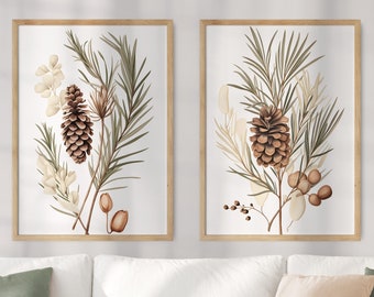 PAIR OF 2 Maine State Flower Prints, Maine Matisse Print, White Pine Cone & Tassel, Floral Art, Neutral Botanical, Boho, Digital Download