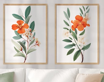PAIR OF 2 Florida State Flower Prints, Florida Matisse Print, Orange Blossom Print, Floral Art, Neutral Botanical, Boho, Digital Download