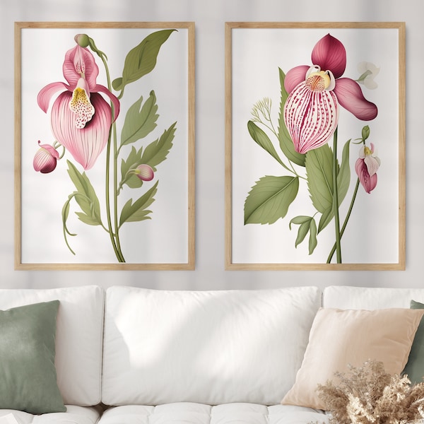 PAIR OF 2 Minnesota State Flower Prints, Minnesota Matisse Print, Pink & White Lady Slipper, Floral Art, Neutral Botanical, Boho, Digital