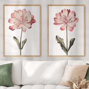 Puede incluir: Dos impresiones enmarcadas de flores rosas con tallos y hojas verdes sobre un fondo blanco. Los marcos son de madera clara.