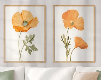 PAIR OF 2 California State Flower Prints, California Matisse, California Poppy, Floral Art, Neutral Botanical Print, Boho, Digital Download
