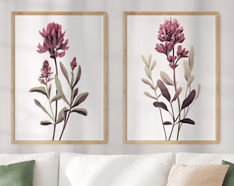 PAIR OF 2 Vermont State Flower Prints, Vermont Matisse Print, Red Clover Print, Floral Art, Neutral Botanical Print, Boho, Digital Download