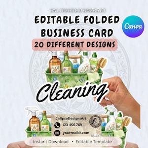 Op de afbeelding: Bewerkbaar gevouwen visitekaartje met een schoonmaakthema. Het ontwerp toont een groene mand gevuld met schoonmaakartikelen, waaronder flessen en borstels. De tekst "Cleaning" staat prominent in beeld, samen met contactgegevens en het Canva-logo.