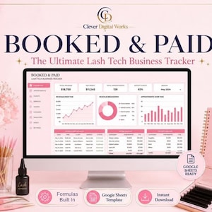 May include: A digital lash tech business tracker displayed on a computer monitor, featuring pink and white charts, revenue data, and the text BOOKED & PAID. Includes a pink spiral notebook with the text PLAN LASH SLAY REPEAT and a glass cup with pink brushes.