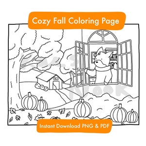 Fall Coloring Page, Cute Cozy Coloring Page, Fox and Pumpkins