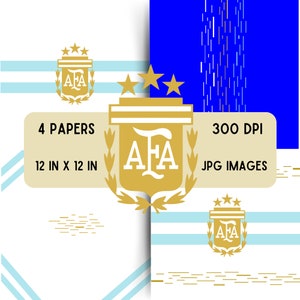 Op de afbeelding: Vier digitale papieren van 30,5 cm x 30,5 cm met het wapen van de Argentijnse voetbalbond (AFA) in goud met blauwe en witte strepen. De papieren zijn 300 DPI JPG-afbeeldingen.