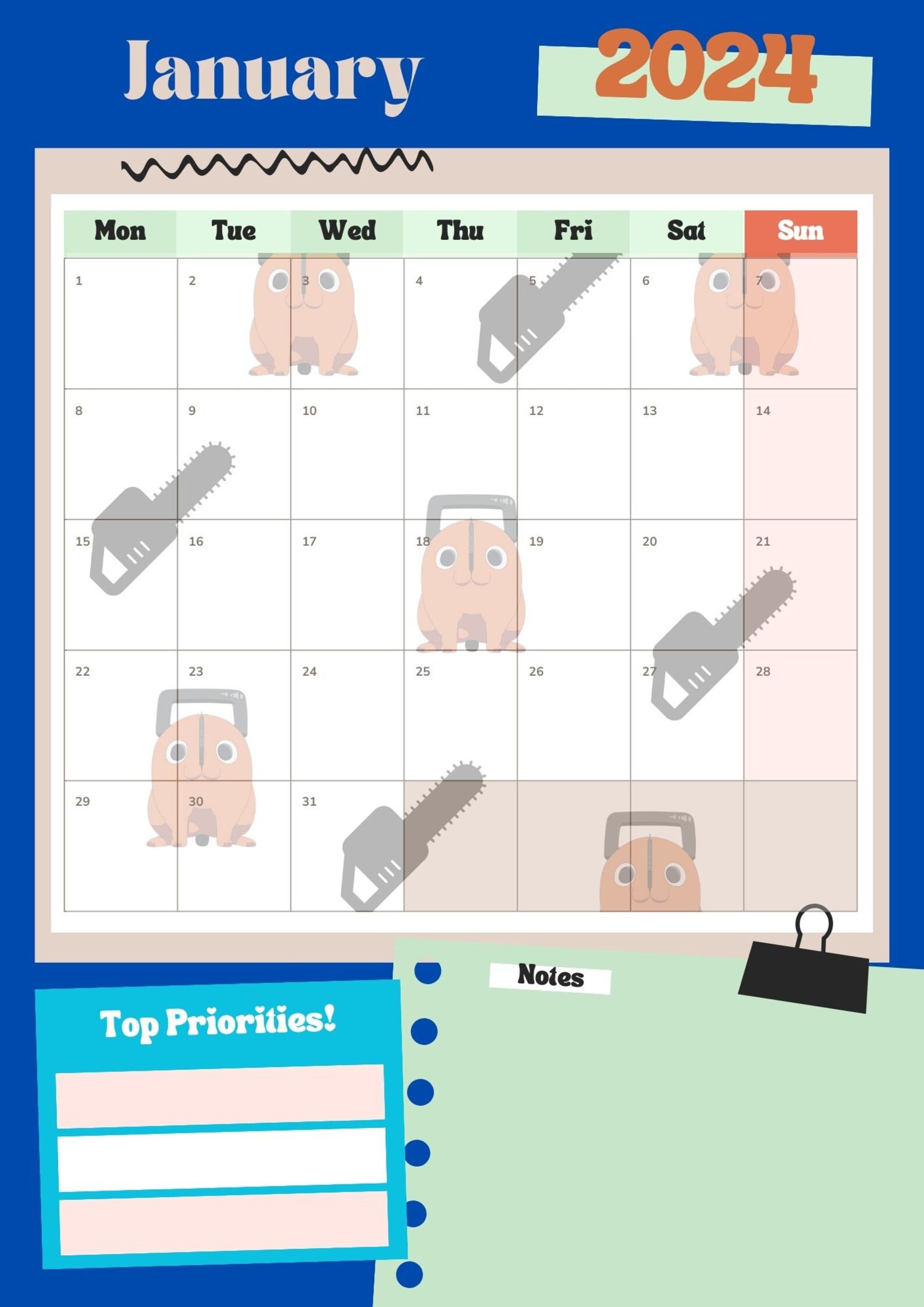 Pochita 2024 Calendar Chainsaw Man Printable PDF, Anime Calendar, Anime