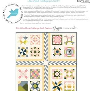 May include: A quilt design featuring various geometric block patterns in pastel colors, including pink, green, and blue, set against a cream background. The quilt is divided by vertical and horizontal bands with a chevron pattern. The text "2026 Block Challenge" is visible.