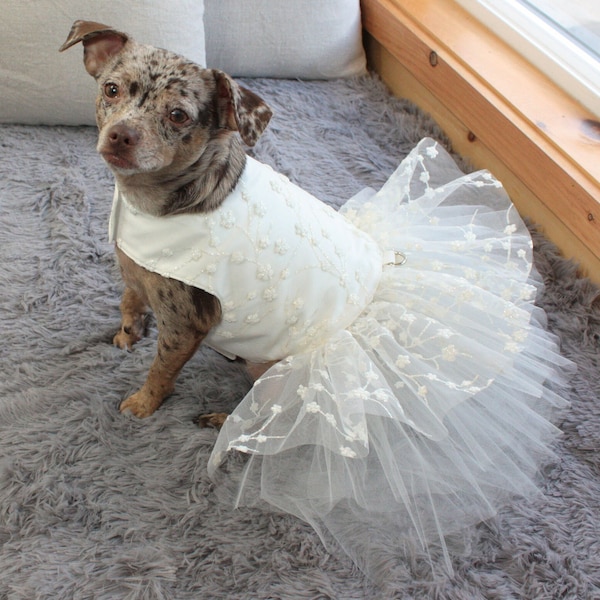 Cream Dog Wedding Dress Tutu with Floral Glitter, Sparkly Pet Outfit Perfect for Dog Bridesmaid or Dog Flower Girl, Small Dog Clothes.