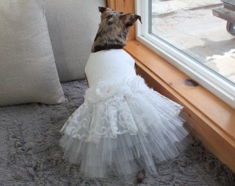 White Dog Wedding Dress Tutu with Glitter, Sparkly Pet Outfit Perfect for Dog Bridesmaid or Dog Flower Girl, Small Dog Clothes.