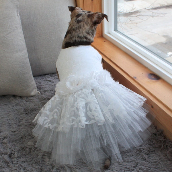 White Dog Wedding Dress Tutu with Glitter, Sparkly Pet Outfit Perfect for Dog Bridesmaid or Dog Flower Girl, Small Dog Clothes.