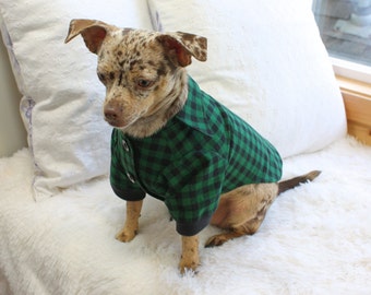 Handmade Green Checker Dog Shirt, Green and Black Buffalo Check Button Down Pet Shirt, Small Dog Clothing