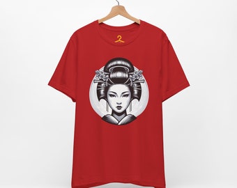 Ethereal geisha moonlight tee, unisex traditional japanese beauty shirt, geisha portrait graphic t-shirt, monochromatic art design top