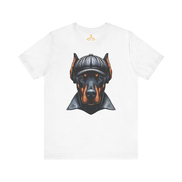 Doberman in detective hat t-shirt, sleek protective canine tee, perfect unisex gift for doberman fans & mystery genre lovers