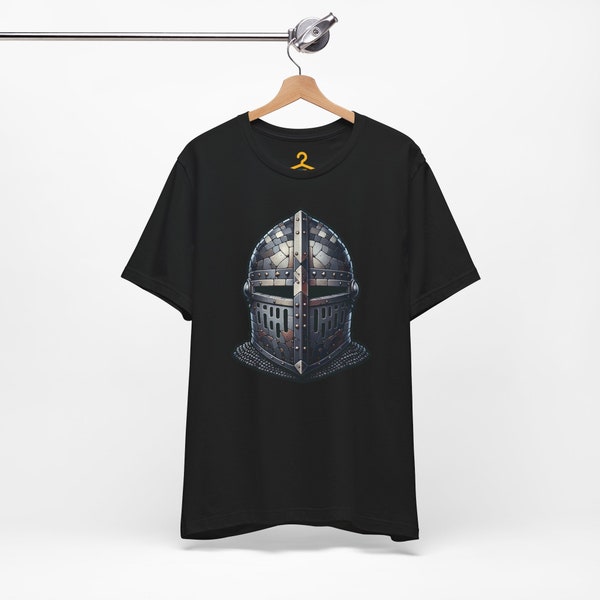 Medieval Knight Helmet T-Shirt, Armored Warrior Graphic Tee, Perfect Gift for History Buffs and LARP Enthusiasts, Durable Casual Wear