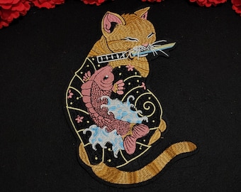 Large Cat patch, Fashion Iron on Embroider animal patch, fish patch