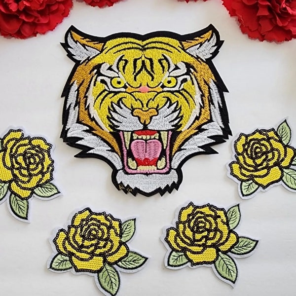 5pc/set, Tiger head patches, Fashion Embroidered patches, Iron on Yellow Flower patches