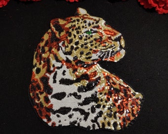 Large Leopard patch, Fashion Lion patch, Iron on Sequin Animal patch