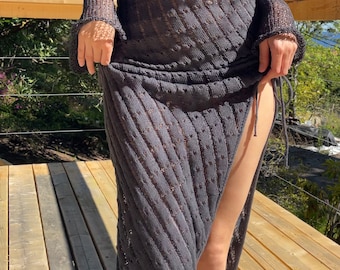 Knitted Crochet Beach Skirt, Boho Split Thigh Cover-Up, Lightweight Summer Resort Wear, Gift for her, Bikini Cover Skirt
