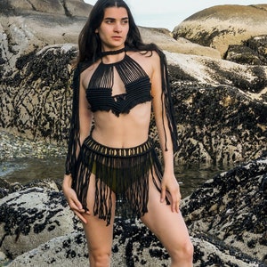 Black Festival Macrame Set, Beach Macrame coverup, Festival Dress, boho bikini coverup, Coachella Dress, burning man dress, vacation dress