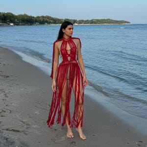 Boho Macrame Dress, Vacation Dress, Resort Wear, Rave Dress, Beachwear, Red Dress, Swimsuit Coverup, Beach Macrame Cover-up, gift for her