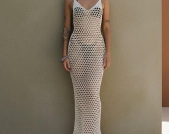 Vestido playero de crochet beige, pareo de bikini de malla, ropa de resort bohemia, vestido para cubrir el traje de baño, ropa de playa para vacaciones, atuendo de verano bohemio