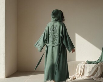 Organic Soft Cotton Kimono Robe, Hooded Bathrobe, Dark Green Lion Print Kimono, Spa gift for her, Boho Beach Cover Up, Women's Robe