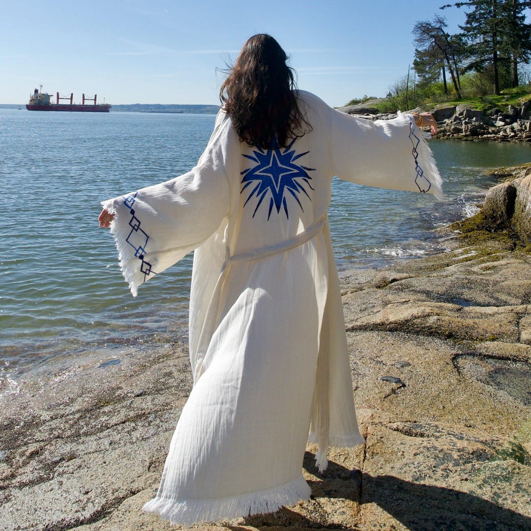 Blue Star Pattern Robe Organic Cotton Star Print Kimono Robe, Soft Turkish Cotton Loungewear ...
