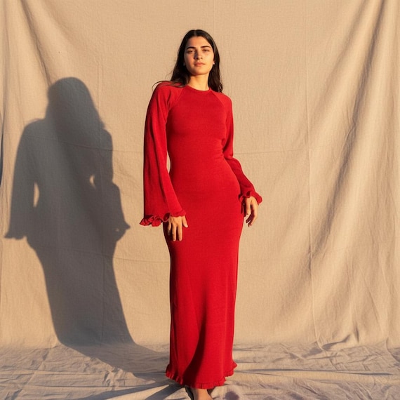 Red Open Back Maxi Dress, Boho Goddess Dress, Fitted Knit Dress, Vacation Outfit, Resort Wear, Date Night Dress, Fall Dress, Gift for her