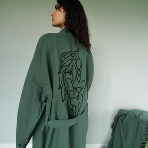 Hand-printed wooden block lion design on cotton kimono
