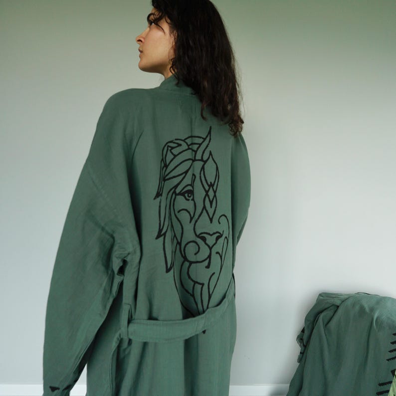 Hand-printed wooden block lion design on cotton kimono