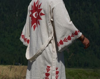 Organic Hemp Cotton Kimono Robe, Men's Handmade Block Print Bathrobe, Boho Kimono, Sustainable Loungewear, Festival Outfit, Gift for Him